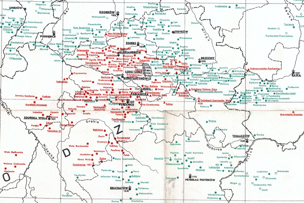 asutusta vuonna 1938 Łódźin ympäristössä Wartan (läntinen), Bzuran (pohjoinen) ja Pilican (kaakkoinen) jokien välissä. tekijältä Albert Breyer