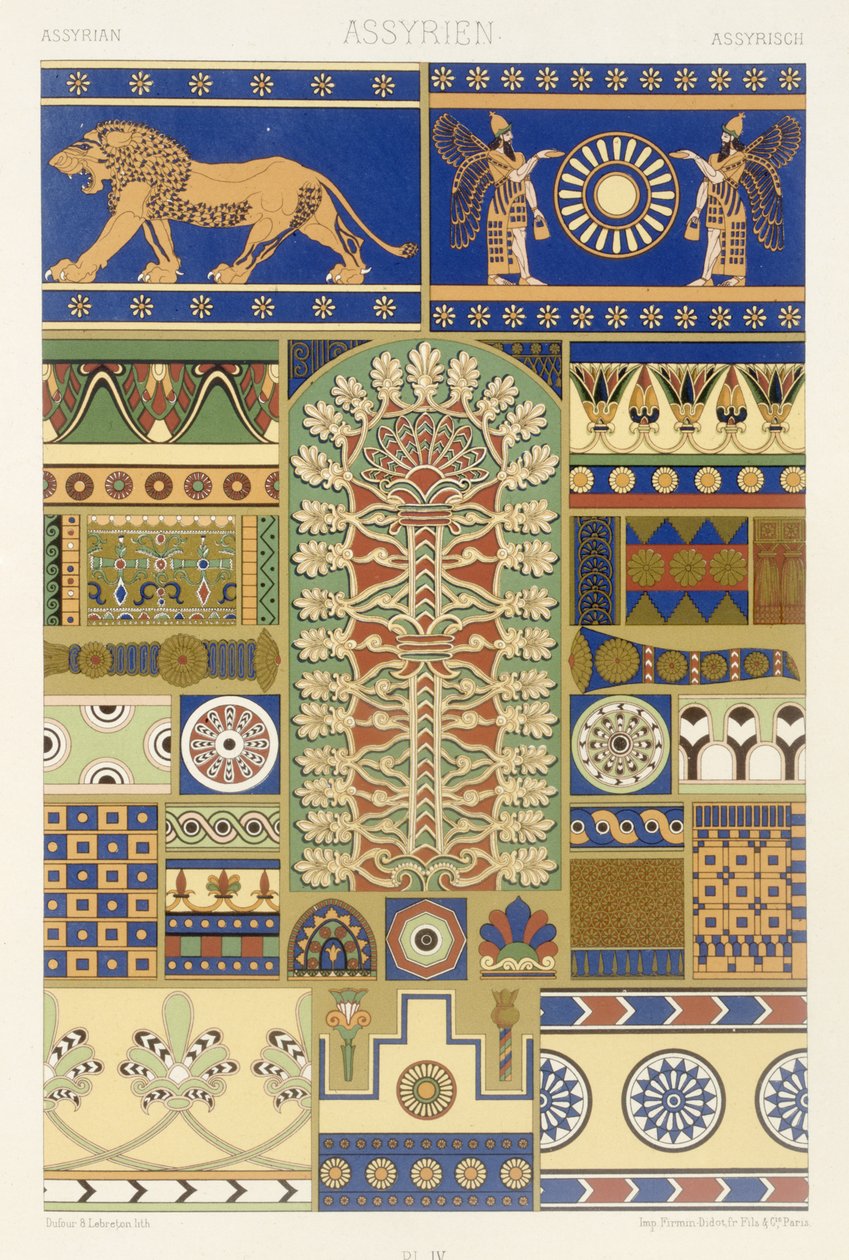 Assyrian Style, levy XVII teoksesta "Polychrome Ornament", kaiverrettu Dufour ja Lebreton, julkaistu Pariisissa, 1869 tekijältä Albert Charles August Racinet