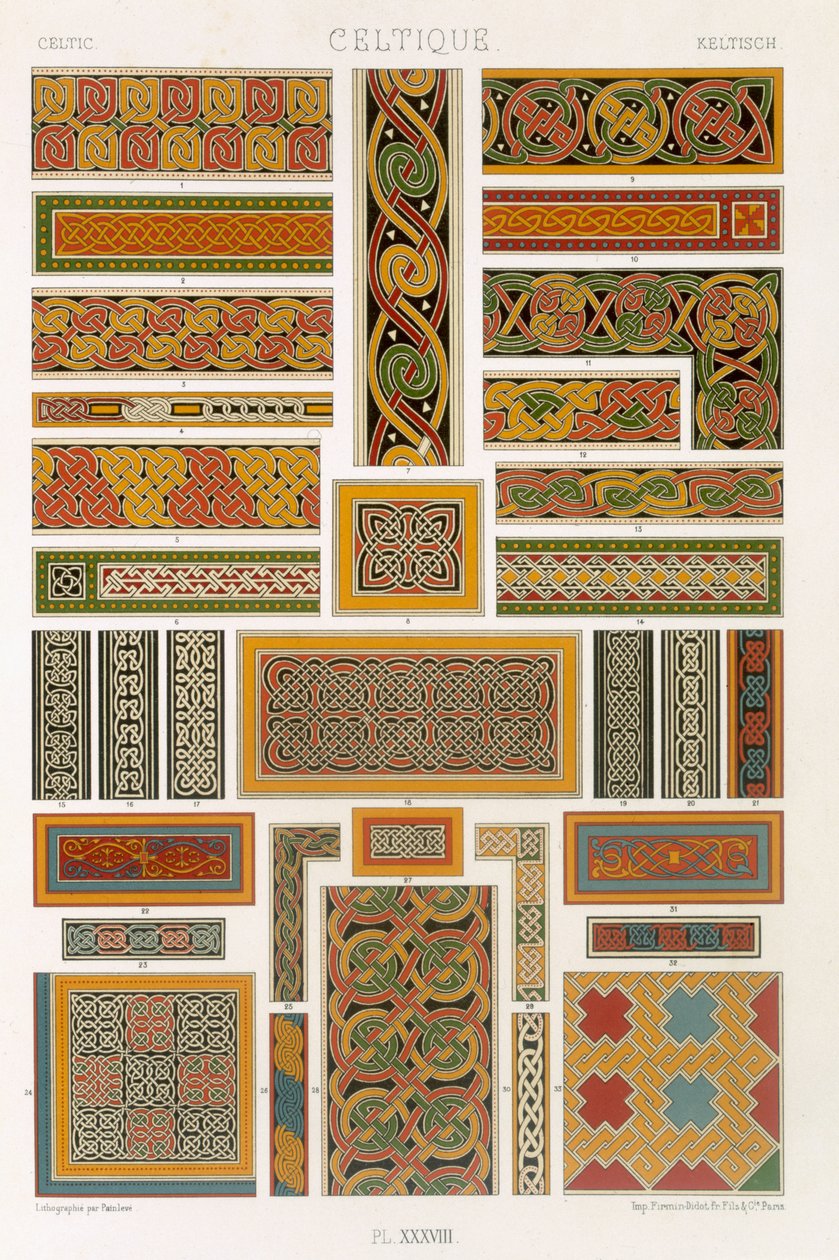 Celtic Style, levy XXXVIII teoksesta "Polychrome Ornament", kaiverrus Painleve, julkaistu Pariisissa, 1869 tekijältä Albert Charles August Racinet