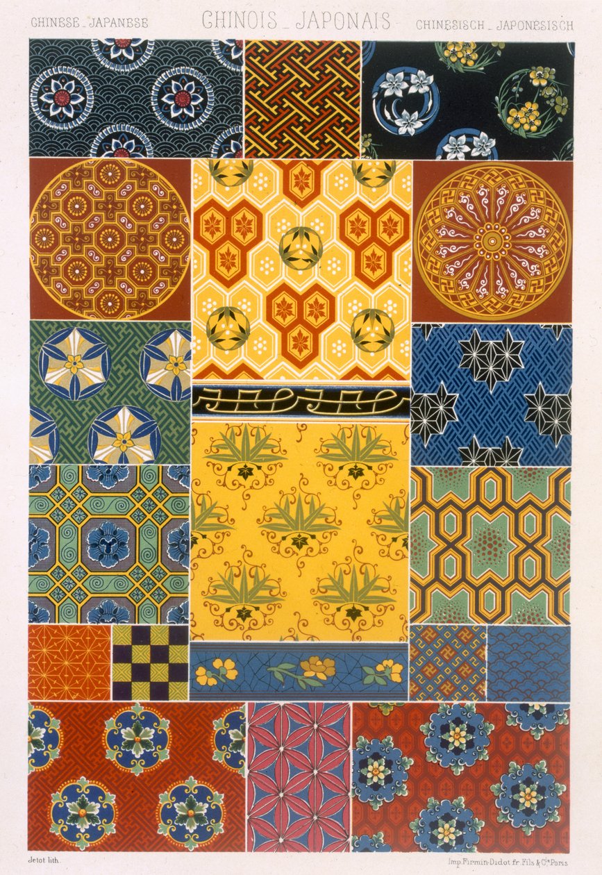 Kiinalainen japanilainen tyyli, levy XV julkaisusta "Polychrome Ornament", joka julkaistiin Pariisissa 1869 tekijältä Albert Charles August Racinet