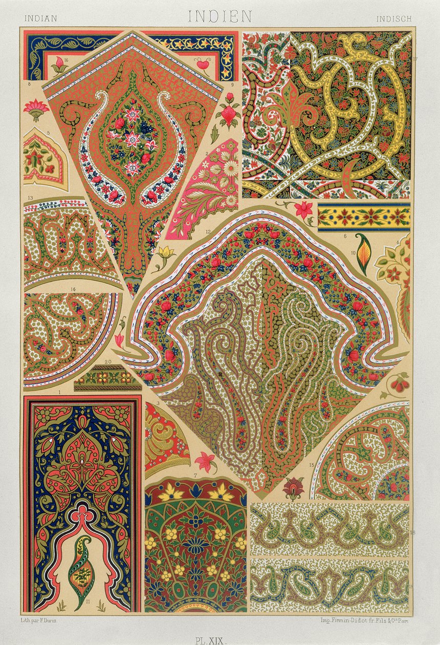 Intialainen koristelu, levy XIX teoksesta "Polychrome Ornament", kaiverrettu F. Durin, julkaistu Pariisissa 1869. tekijältä Albert Charles August Racinet