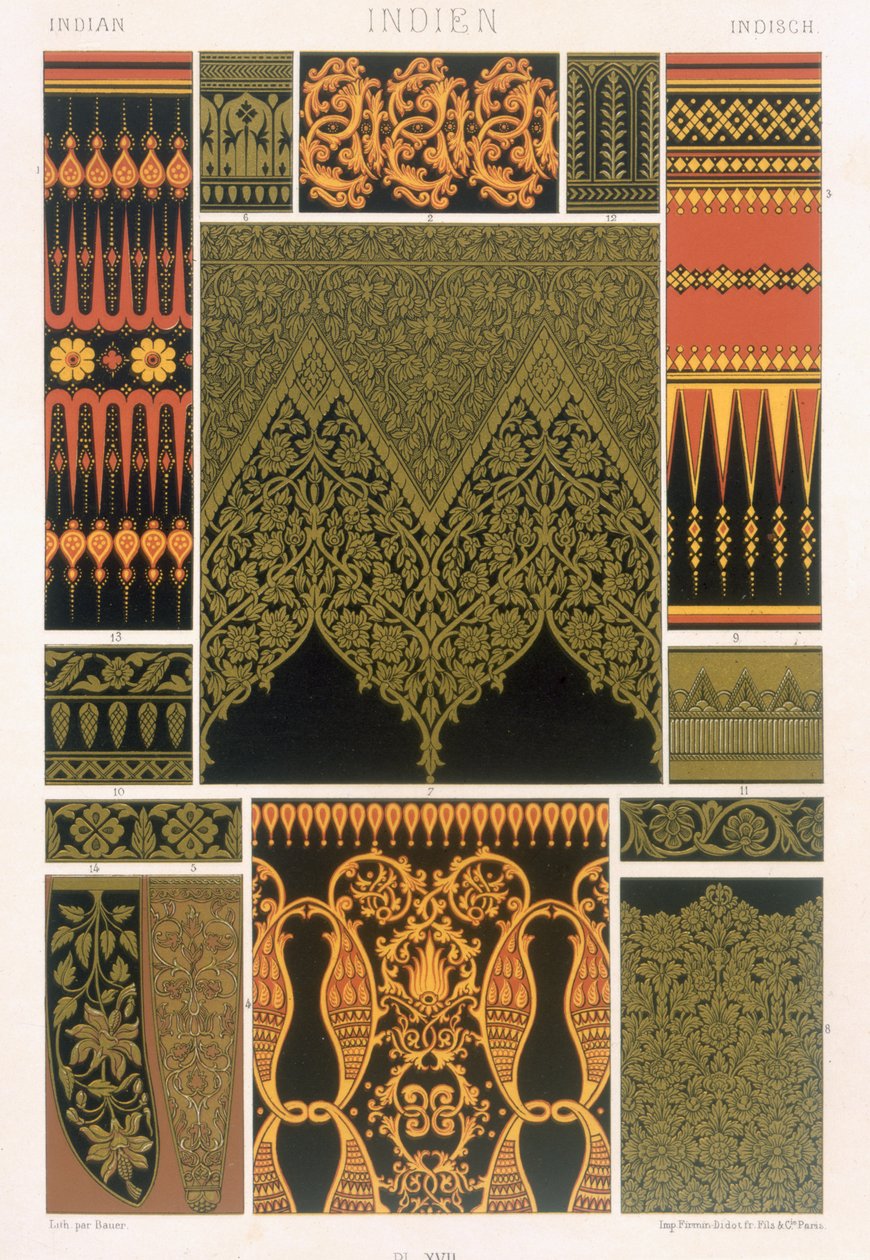 Intialainen tyyli, levy XVII julkaisusta "Polychrome Ornament", jonka on kaivertanut Bauer, julkaistu Pariisissa, 1869 tekijältä Albert Charles August Racinet