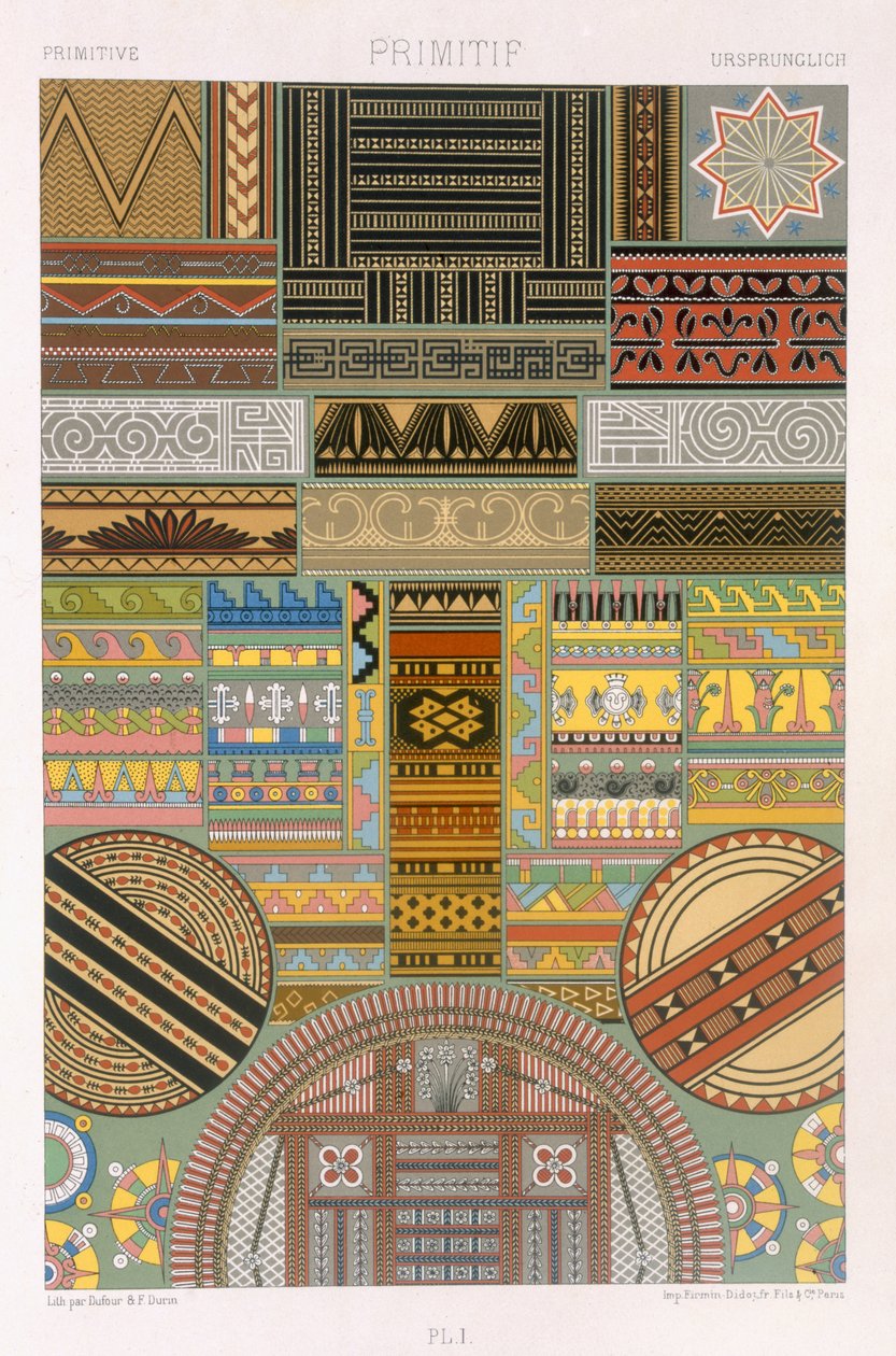 Primitif Style, levy I teoksesta "Polychrome Ornament", kaiverrettu F. Durin, julkaistu Pariisissa, 1869 tekijältä Albert Charles August Racinet