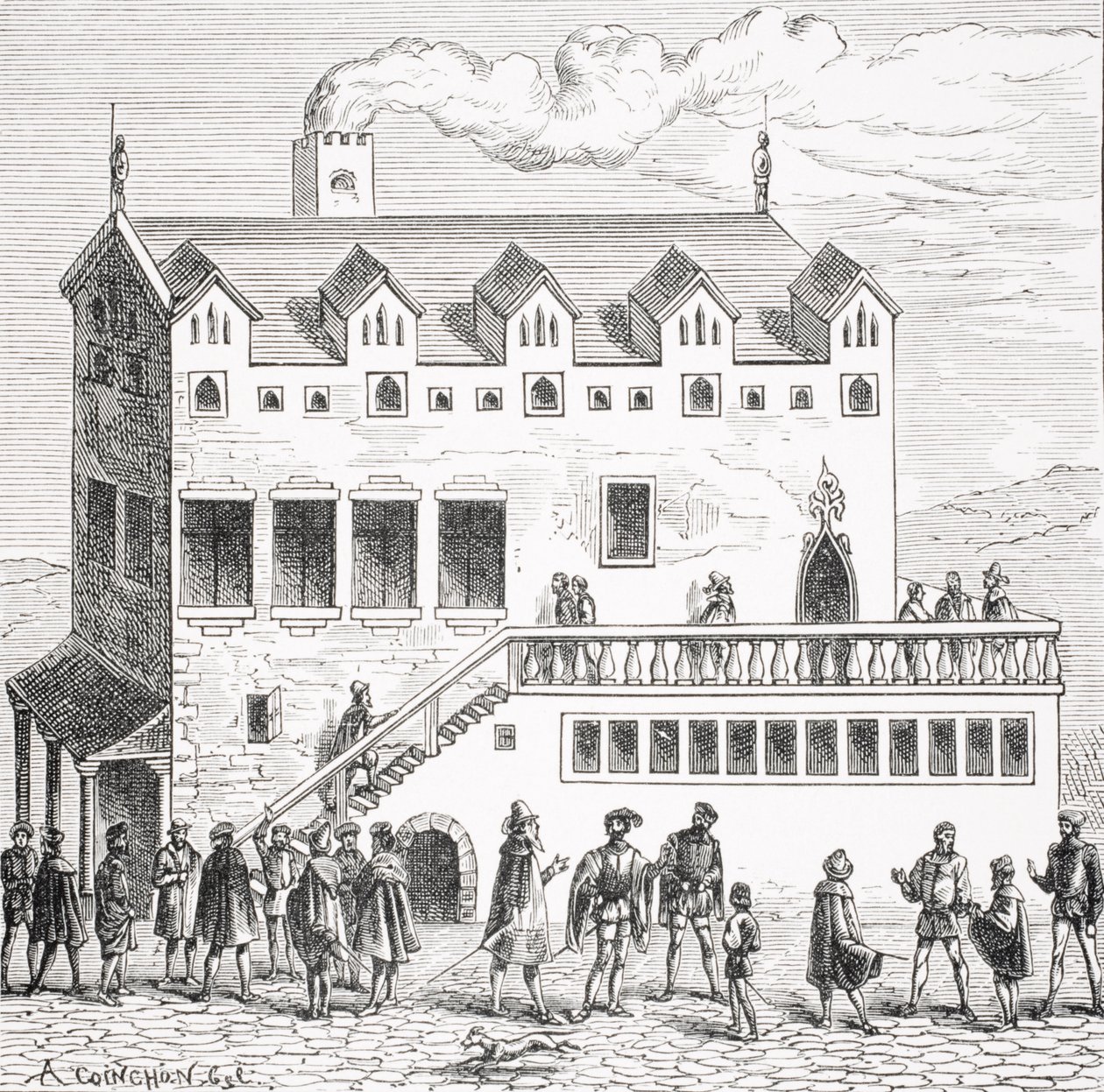 Tilikamarin hotelli Pariisin palatsin sisäpihalla Baselissa vuonna 1552 julkaistun Cosmographie Universelle of Munsterin puupiirroksen jälkeen, P:n teoksesta Le Moyen Age et La Renaissance tekijältä Albert Coinchon