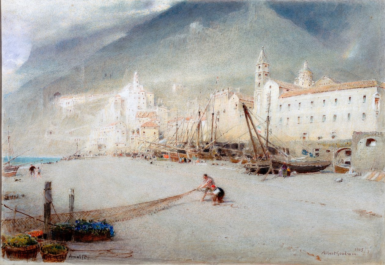Amalfi (kynä ja akvarelli paperille (liimattu levylle)) tekijältä Albert Goodwin