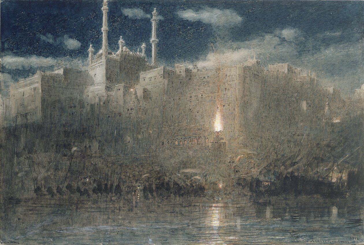 Moonlightin Benares, 1916 (kynä ja muste wc:llä ja vartaloväri paperilla) tekijältä Albert Goodwin