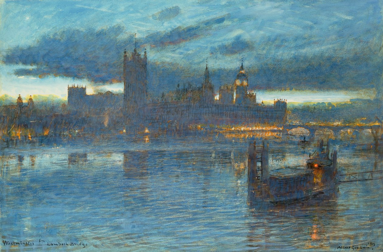 Westminster Lambeth Bridgeltä, 1912 (kynä ja muste wc:llä paperilla) tekijältä Albert Goodwin