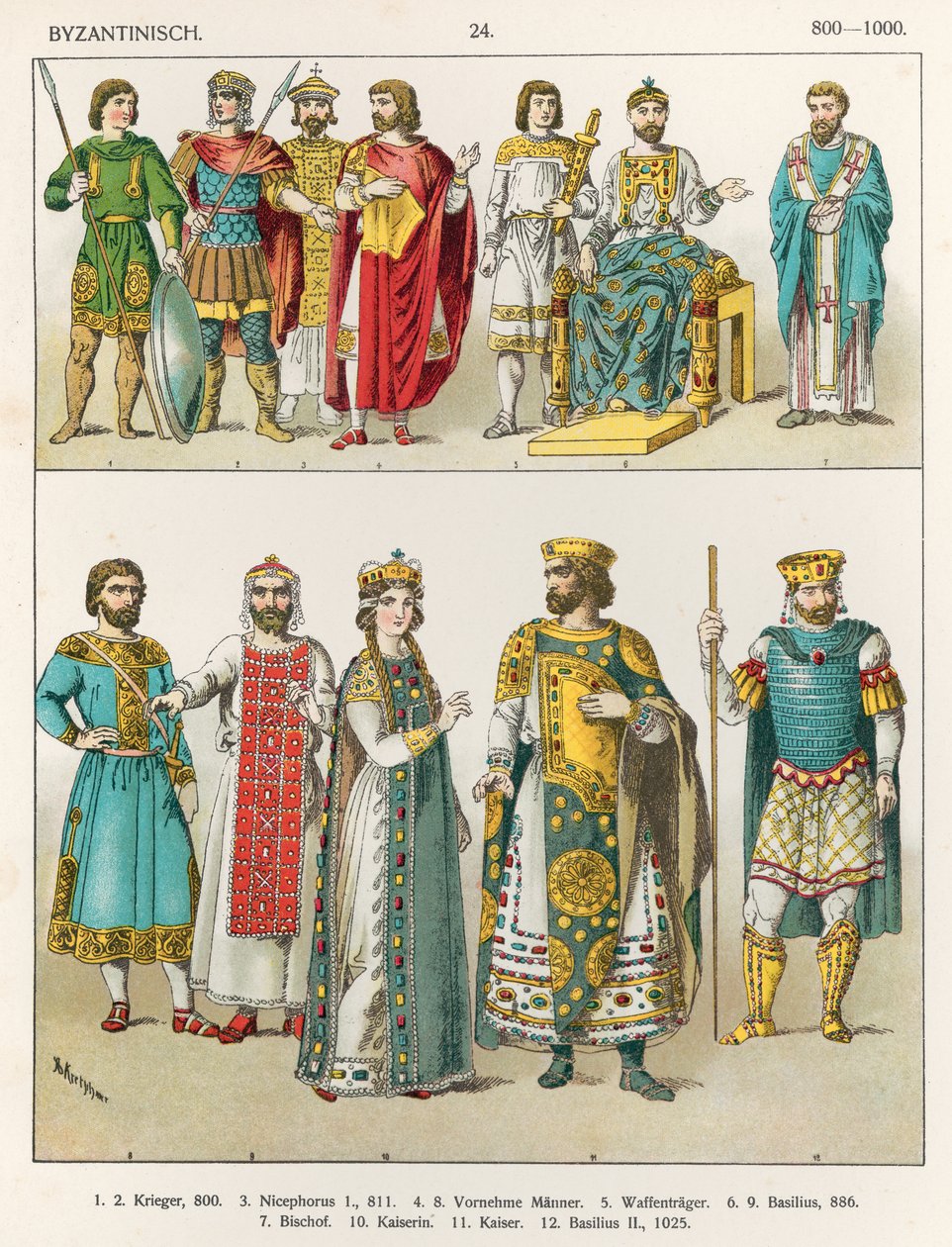 Bysantin hovin mekko, 800-1000, Trachten der Voelker, 1864 tekijältä Albert Kretschmer