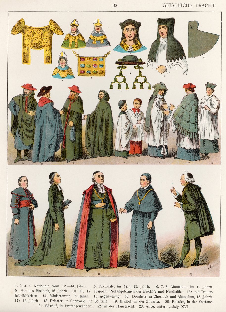 Kirkollinen mekko, n. 1100-1500, "Trachten der Voelker", 1864 (värillinen litografia) tekijältä Albert Kretschmer
