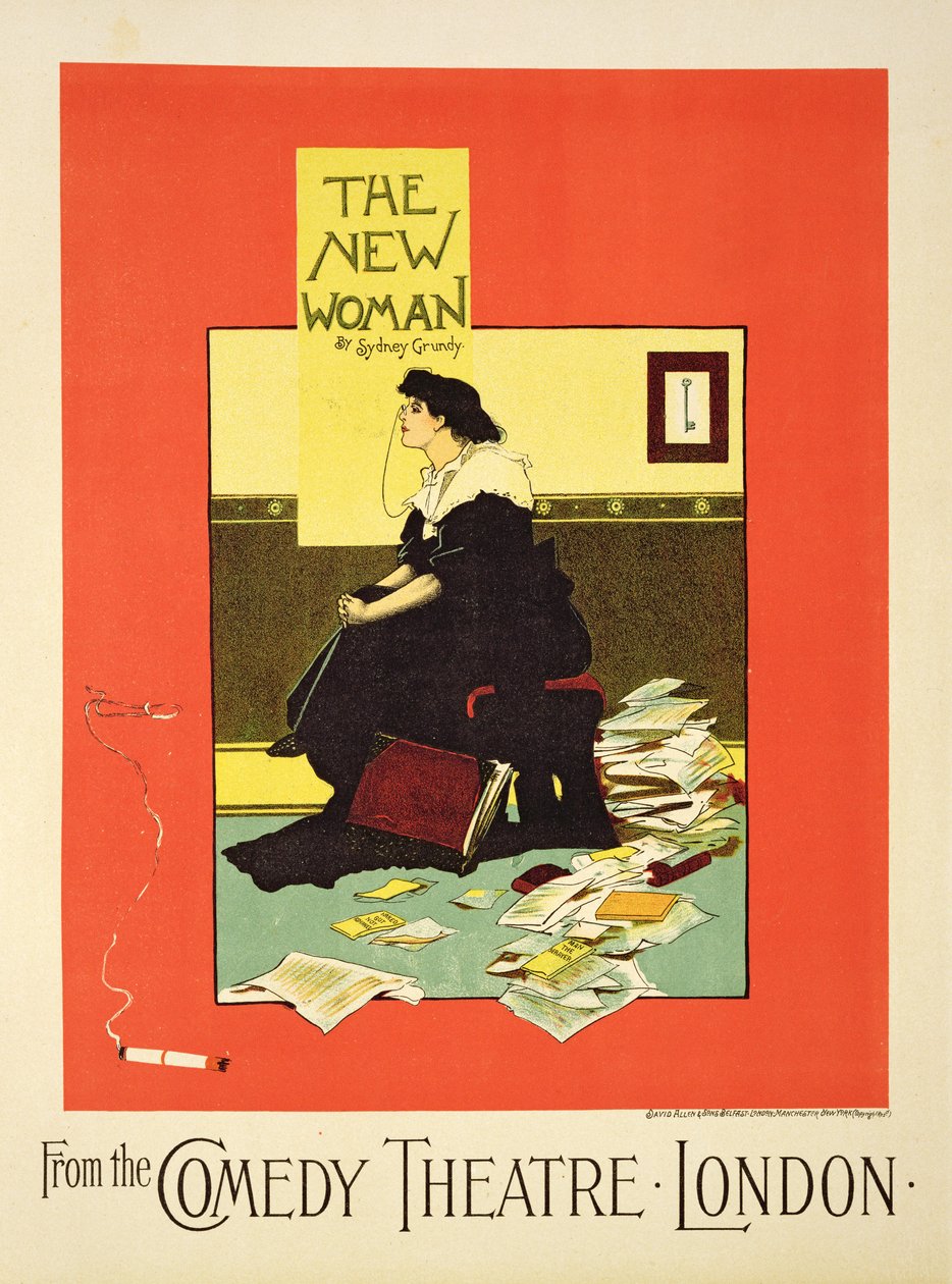 Jäljennös julisteesta, joka mainostaa Sydney Grundyn "The New Woman" -julistetta Comedy Theatressa Lontoossa tekijältä Albert Morrow