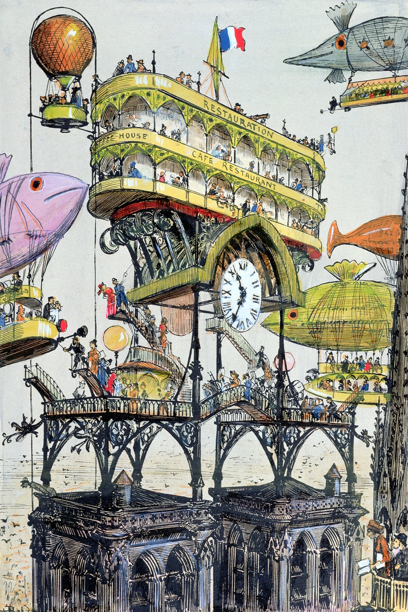 Lentokoneen keskusasema Notre-Damessa (Pariisi), kuva julkaisusta "Le XXeme siecle, La Vie Electrique", n. 1890 (värikaiverrus) tekijältä Albert Robida
