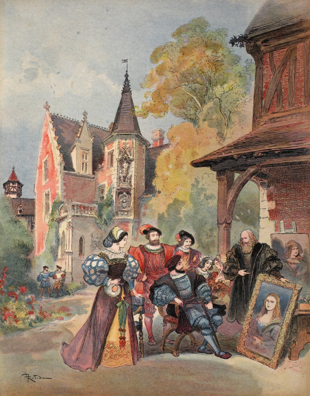 Leonardo da Vinci antaa Mona Lisan Frans I:lle, kuvitus teoksesta "Francois Ier: Le Roi Chevalier", George G. Toudouze, julkaisu. 1909 tekijältä Albert Robida