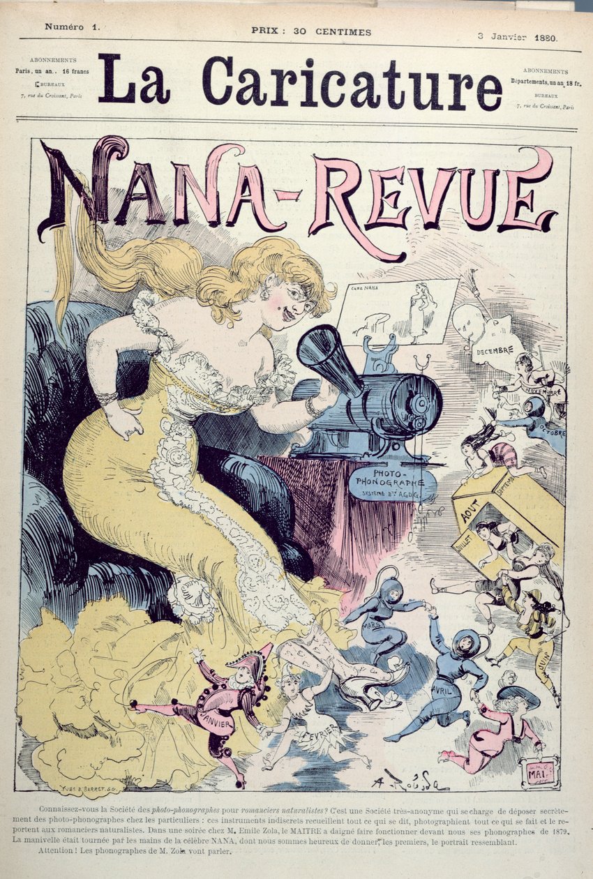 "Nana-Revue", karikatyyri Emile Zolan teoksista ja realistisista romaaneista, "La Caricature", 3. tammikuuta 1880 tekijältä Albert Robida