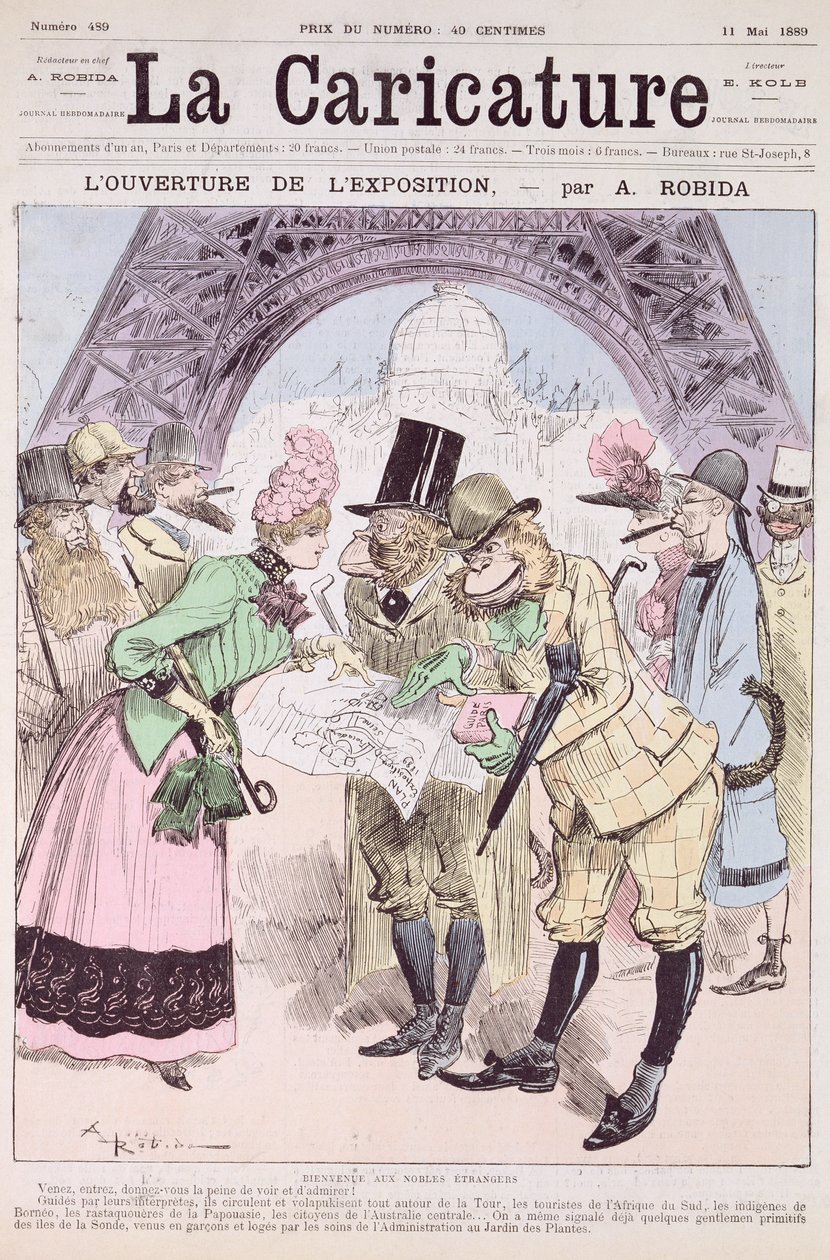 Vuoden 1889 maailmannäyttelyn avajaiset, julkaisusta "La Caricature", 11. toukokuuta 1889. tekijältä Albert Robida