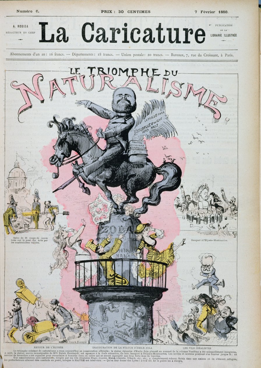 "Naturalismin voitto", Emile Zolan (1840-1902) karikatyyri piirroksesta "La Caricature", 7. helmikuuta 1880 tekijältä Albert Robida