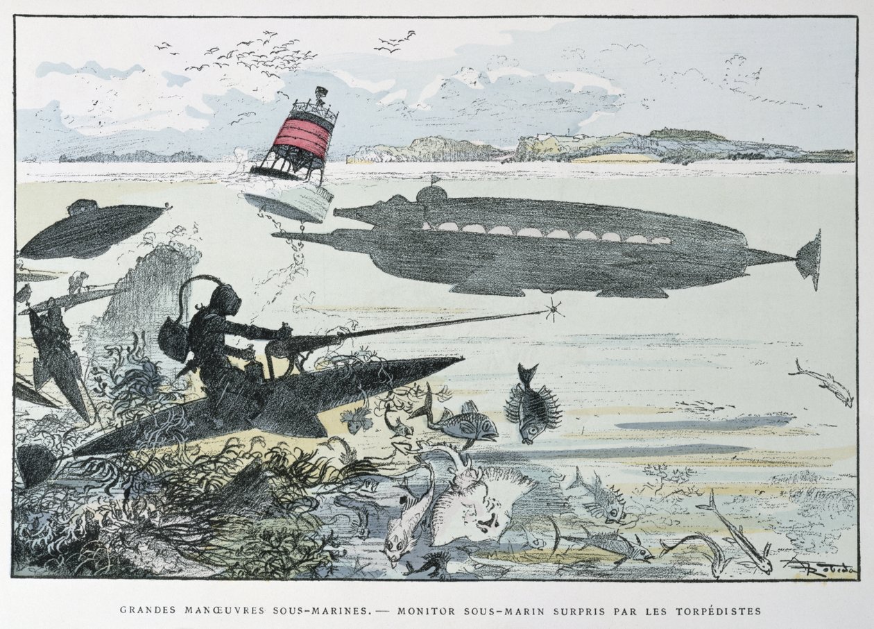 Vedenalaiset liikkeet, elokuvasta "Le XXe Siecle, La Vie Electrique", n. 1890 tekijältä Albert Robida
