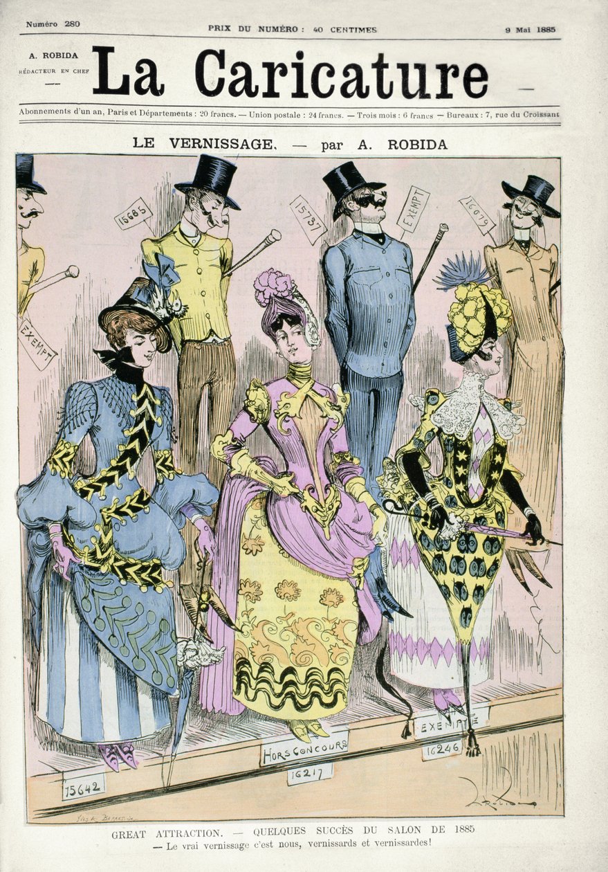 "Lakkauspäivä", "La Caricature" -lehden kansikuva, 9. toukokuuta 1885 (värikaiverrus) tekijältä Albert Robida