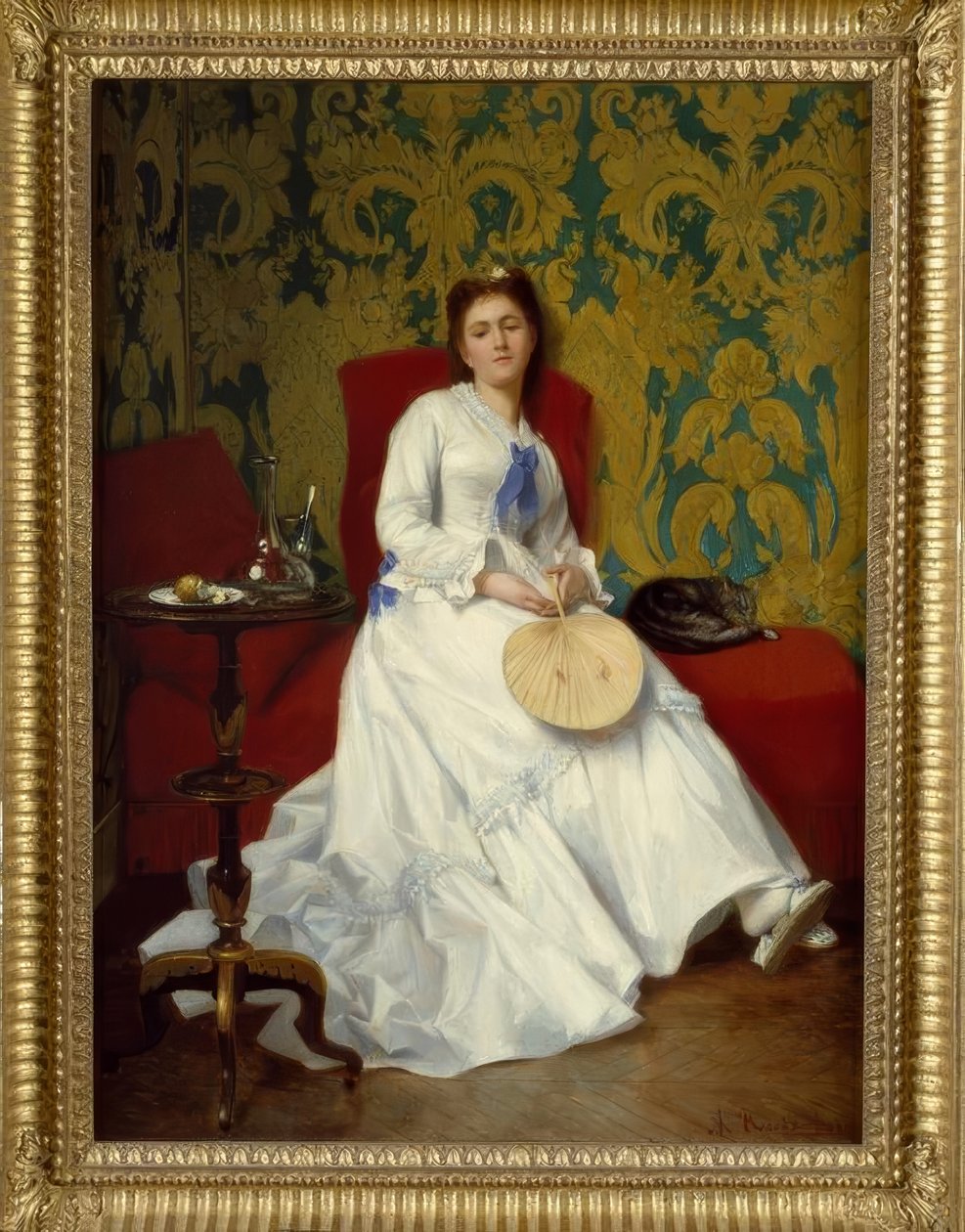Albert Roosenboom, Dame in Weiß mit Fächer / Gemälde, 19. Jh. tekijältä Albert Roosenboom
