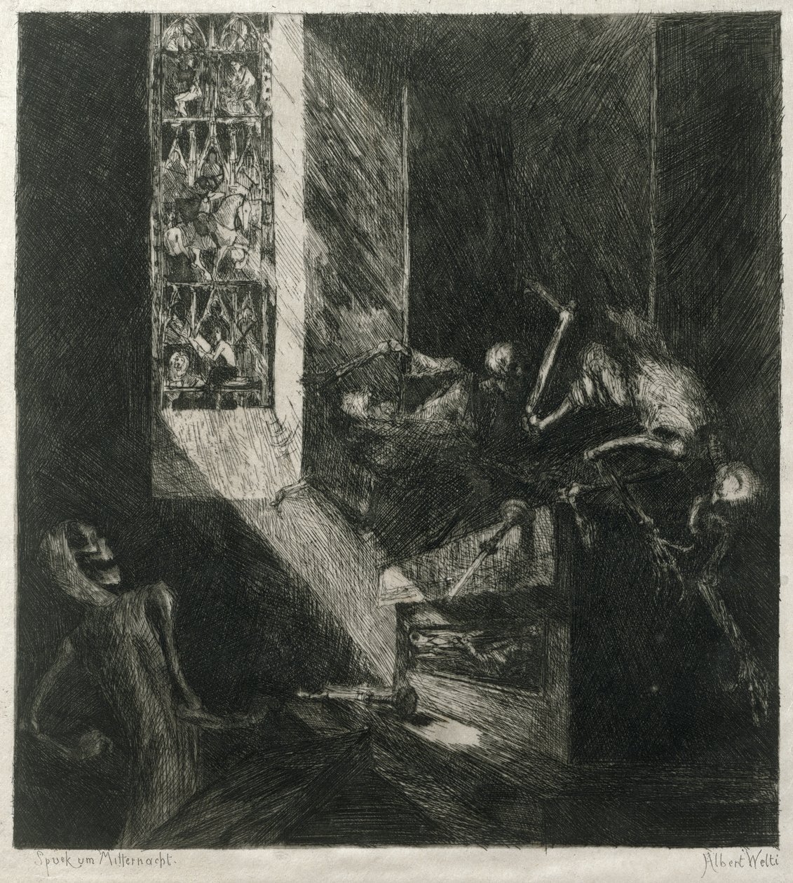 Ilmiö keskiyöllä, 1888 (etsaus japanilaiselle paperille) tekijältä Albert Welti