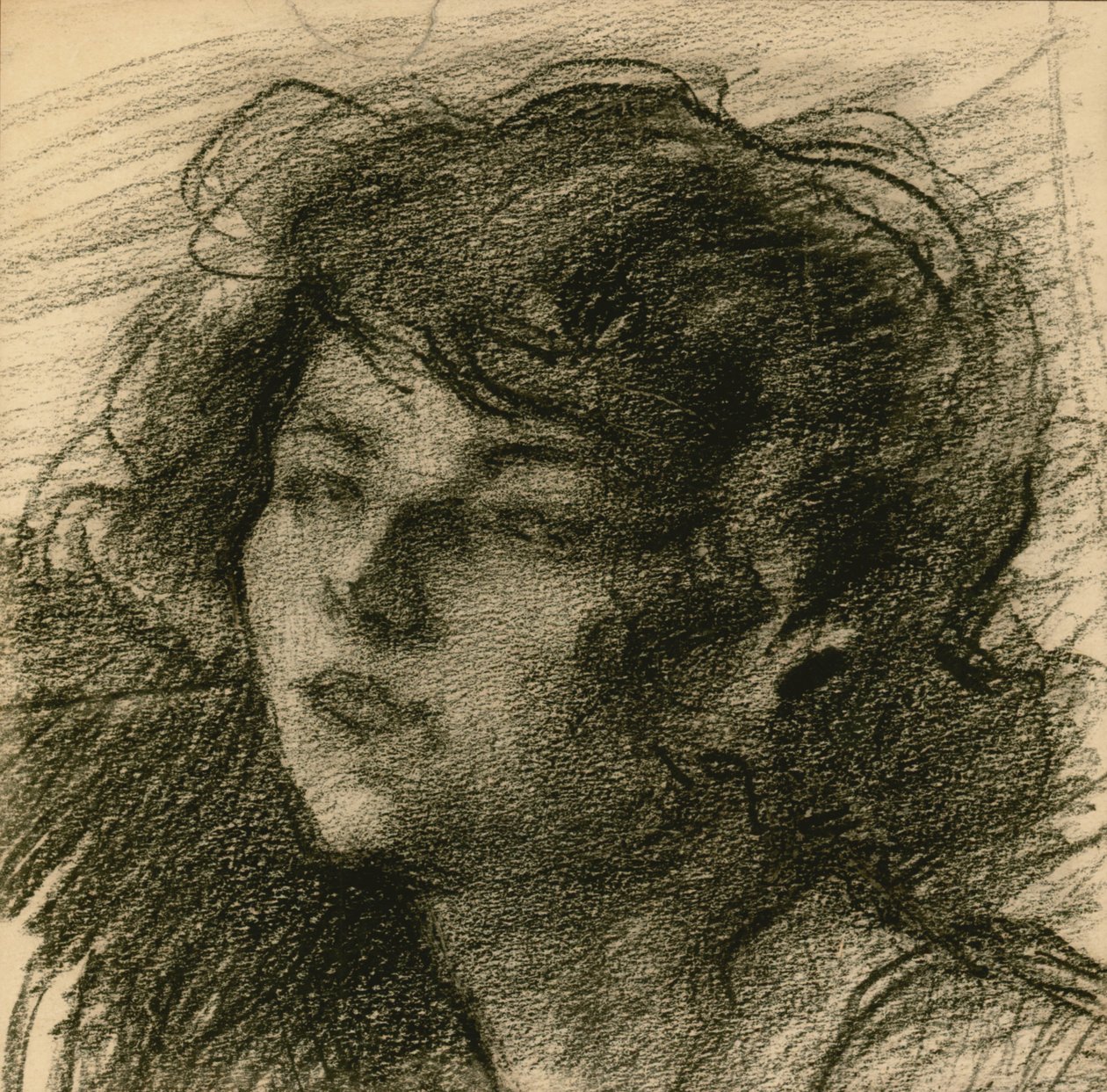 Nuoren naisen muotokuva, leuka hieman kohotettuna, n. 1900 (musta liitu & litografinen värikynä) tekijältä Albert de Belleroche
