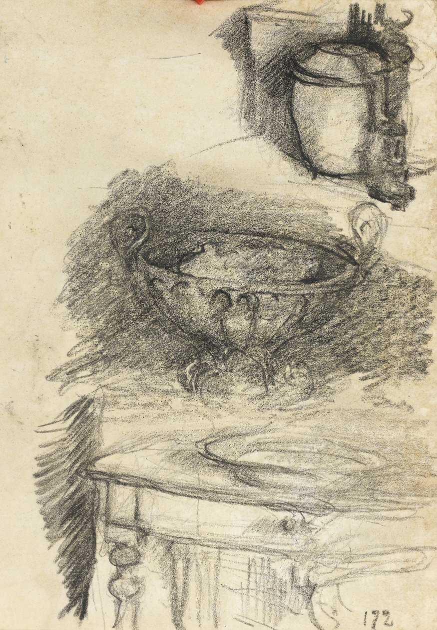 Keittiövälineiden asetelma, n. 1890 (musta liitu paperille) tekijältä Albert de Belleroche