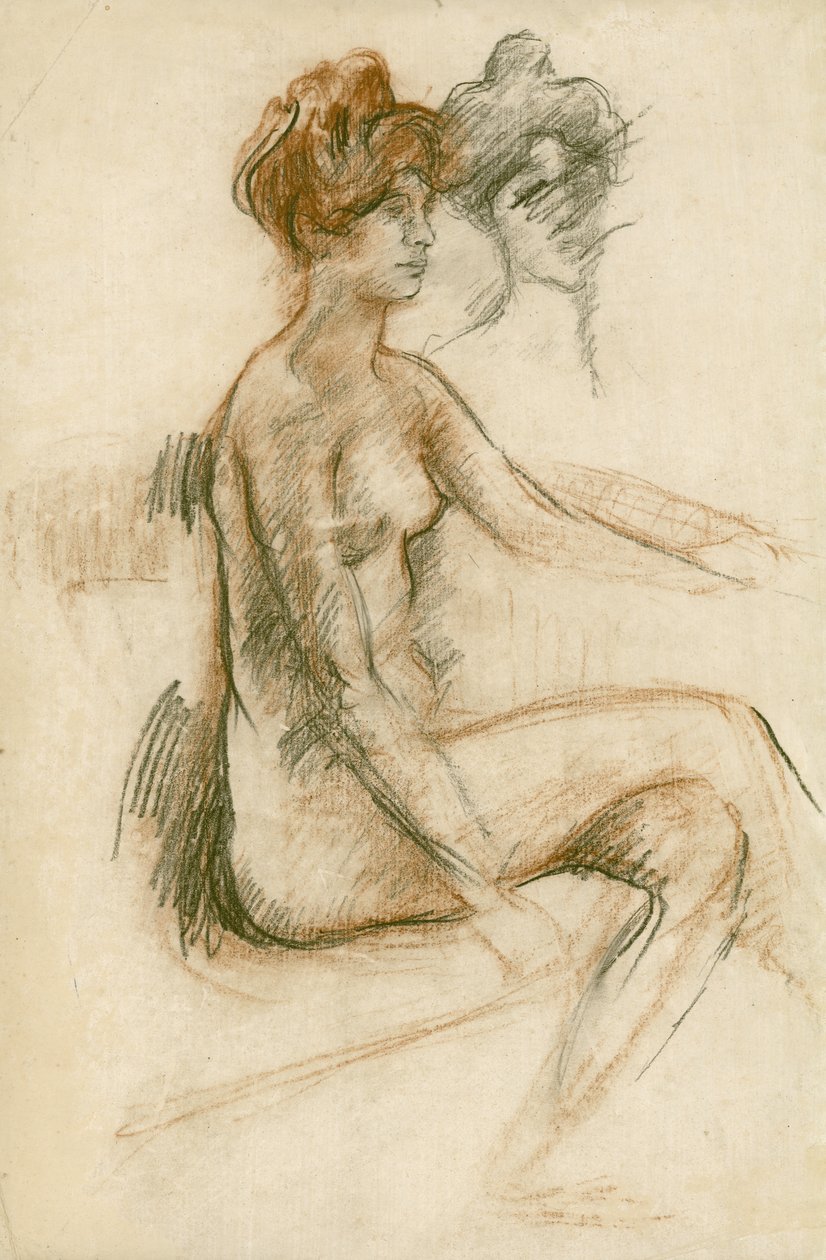 Tutkimus istuvasta alastonsta, vasen käsi koholla, n. 1890 (lyijykynä, hiili ja ruskea liitu paperille) tekijältä Albert de Belleroche