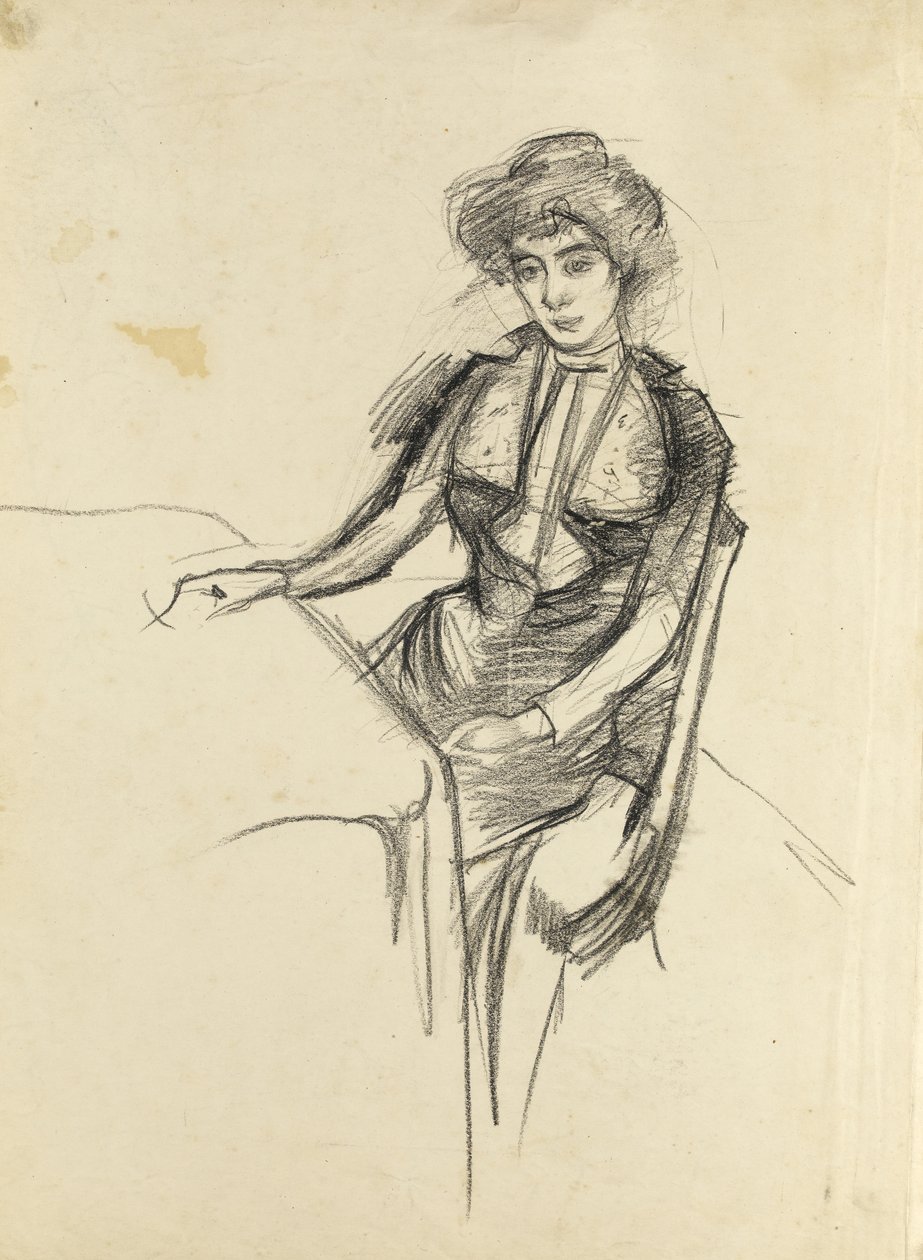 Nainen istuu pöydän ääressä, n. 1900 (musta liitu paperille) tekijältä Albert de Belleroche