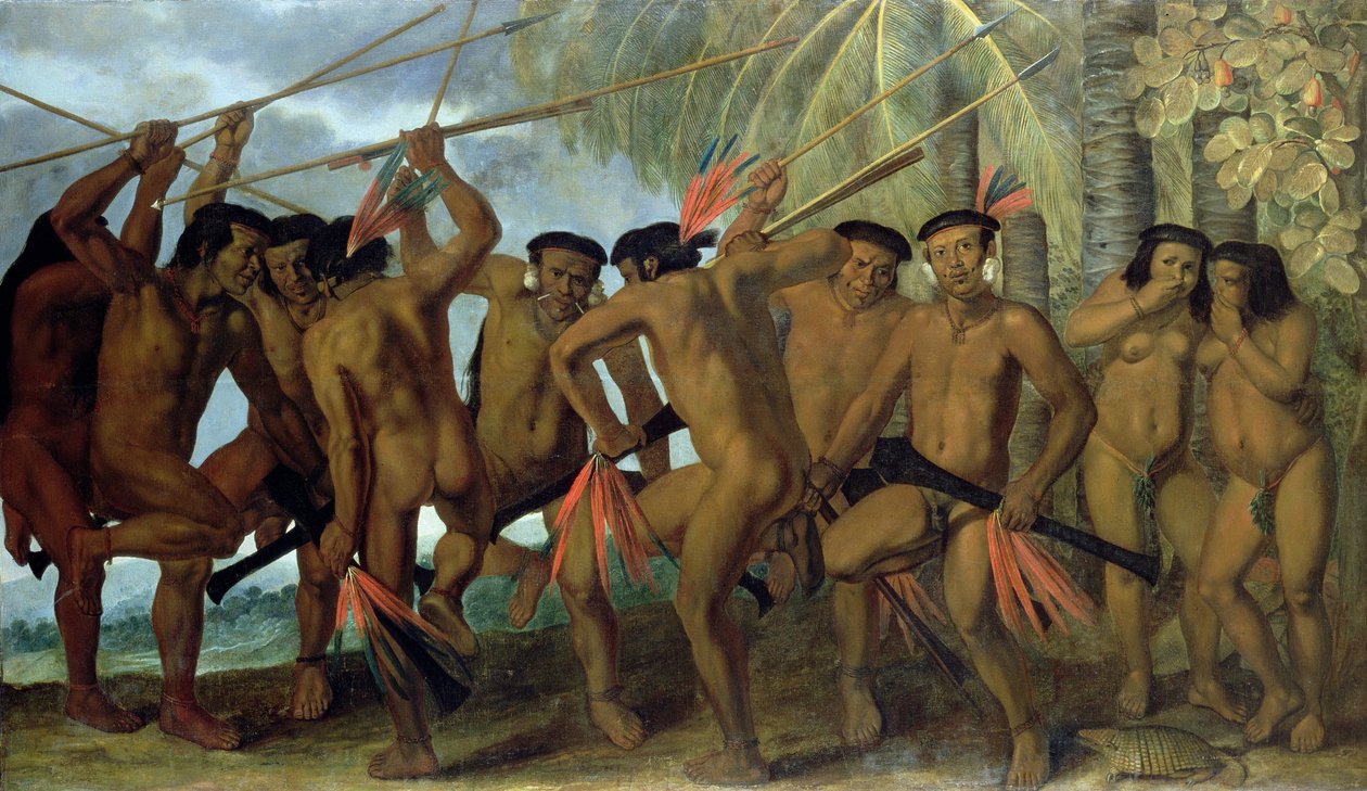 Tapuya-miehet Koillis-Brasiliasta sotatanssissa, 1641 tekijältä Albert van der Eeckhout