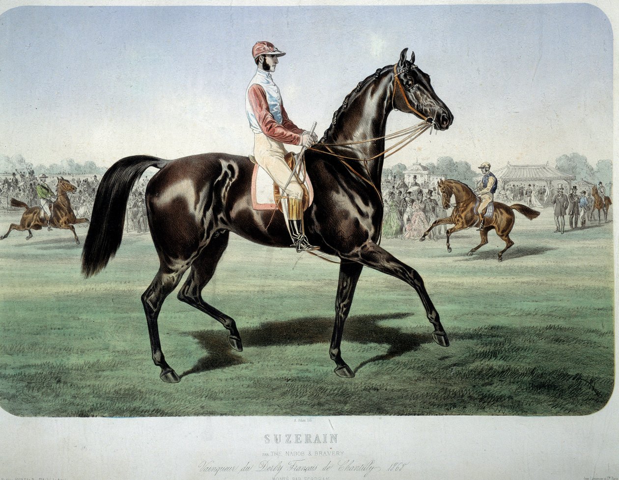 Kilpailu: "" Suzerain, Chantillyn derbyn voittaja vuonna 1868" Litografia Albert Adam (1833-?) Yksityiskokoelma tekijältä Albert Adam