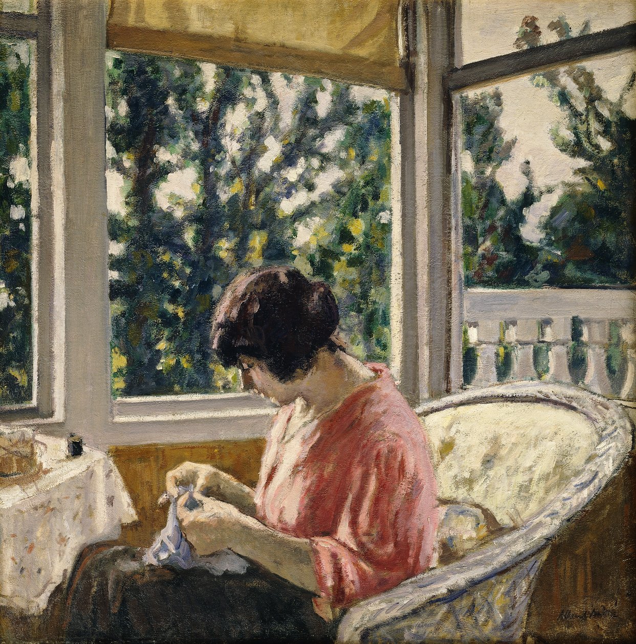 Nuori nainen ompelemassa; Jeune Femme Cousant, noin 1913 (öljy kankaalle) tekijältä Albert Andre