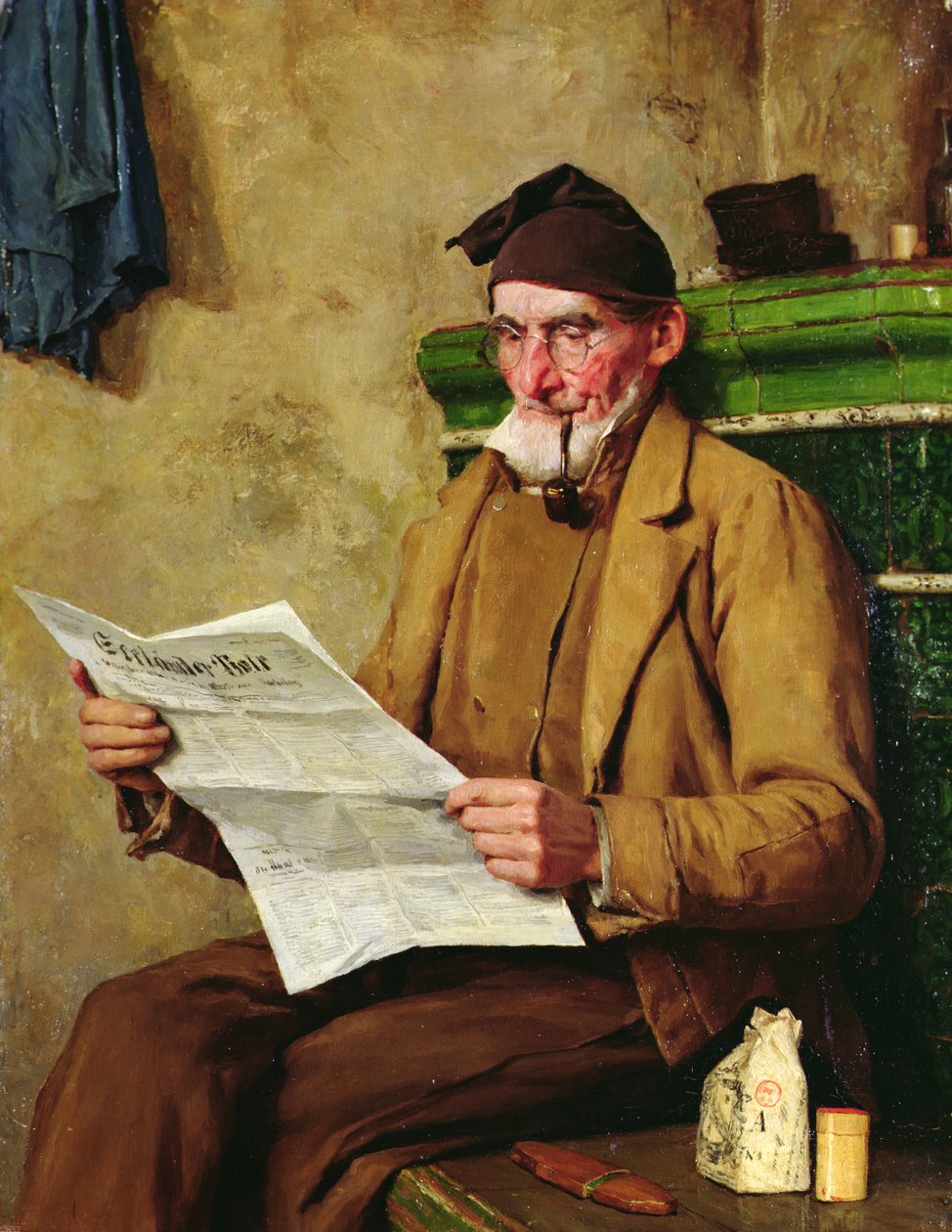 Vanha Feissli lukee sanomalehteä tekijältä Albert Anker