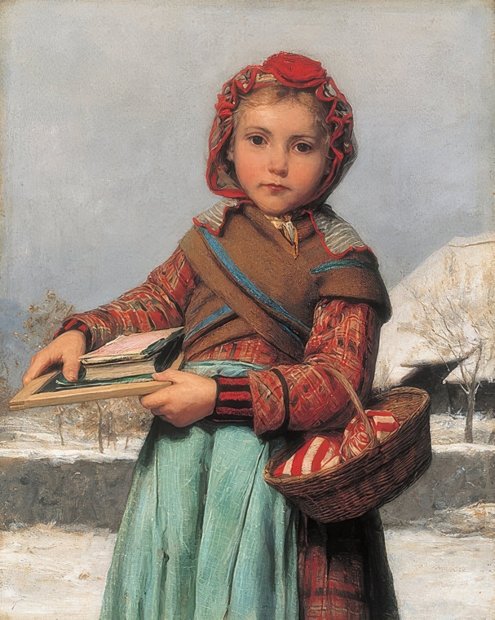 Schulmädchen mit Schiefertafel und Nähkörbchen. 1878 tekijältä Albert Anker