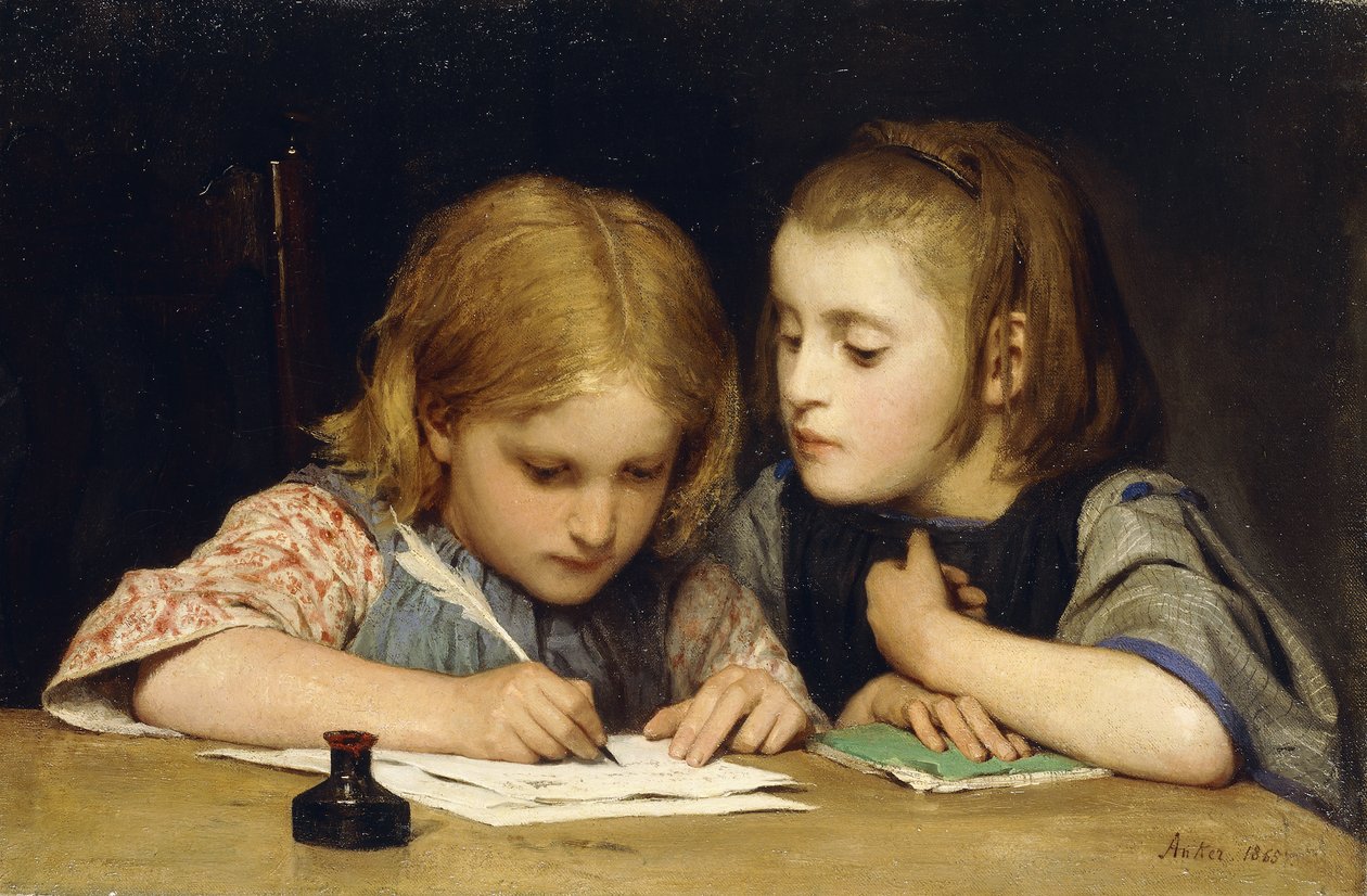 Oppitunti; Kirjoitustunti, 1865 tekijältä Albert Anker