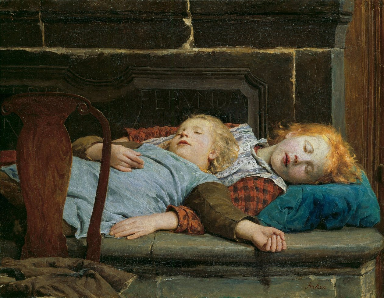 Anker, Albert (1831-1910) kaksi nukkuvaa tyttöä liesipenkillä. Öljy kankaalle tekijältä Albert Anker