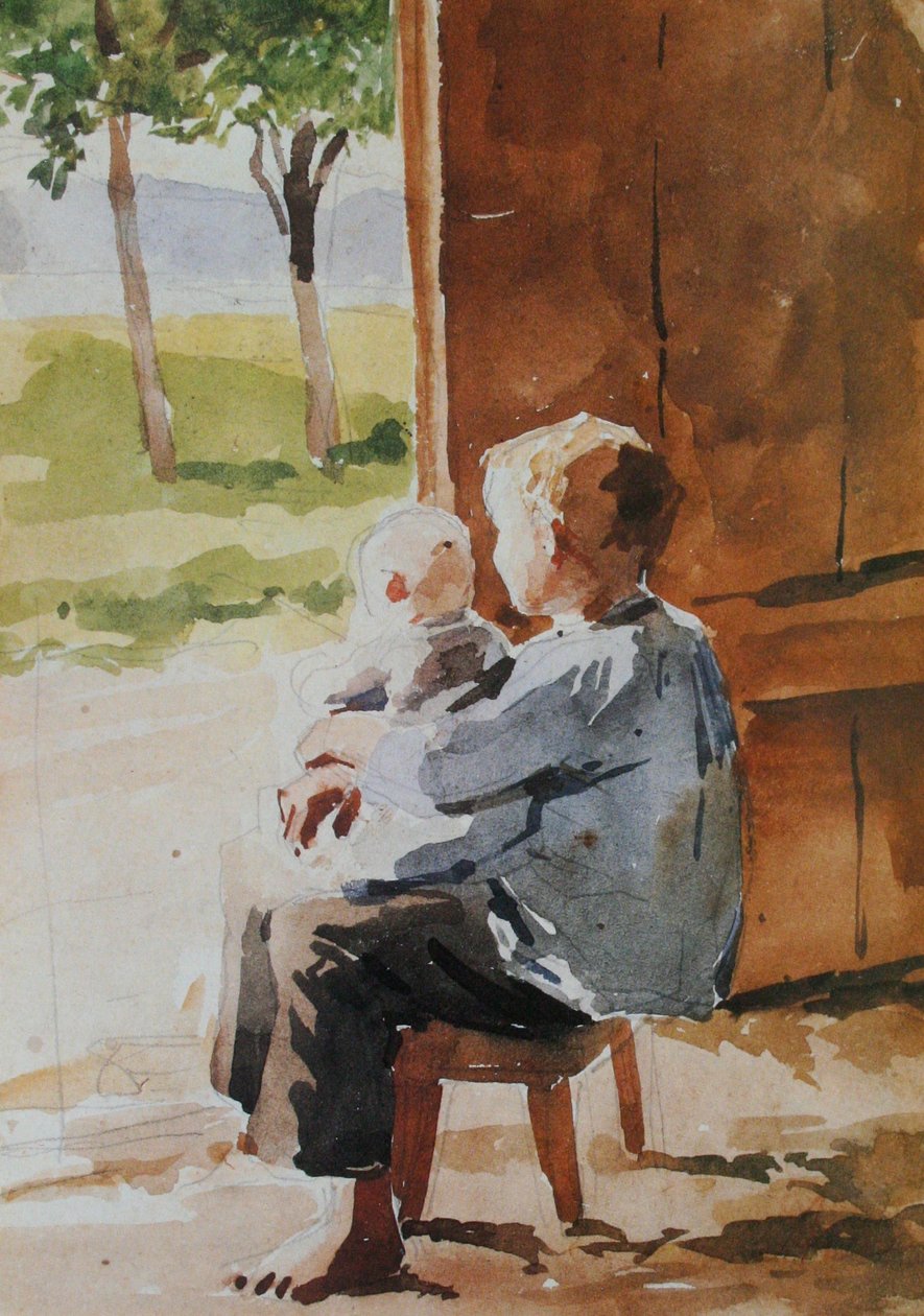 Nuori poika kantaa lasta sylissään tekijältä Albert Anker