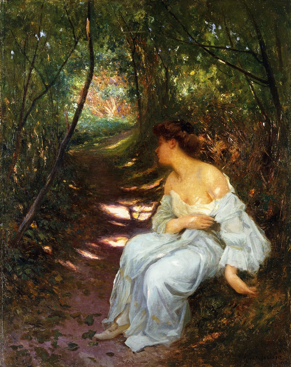 Nuori nainen istumassa metsäisellä polulla, 1908 tekijältä Albert Auguste Fourie