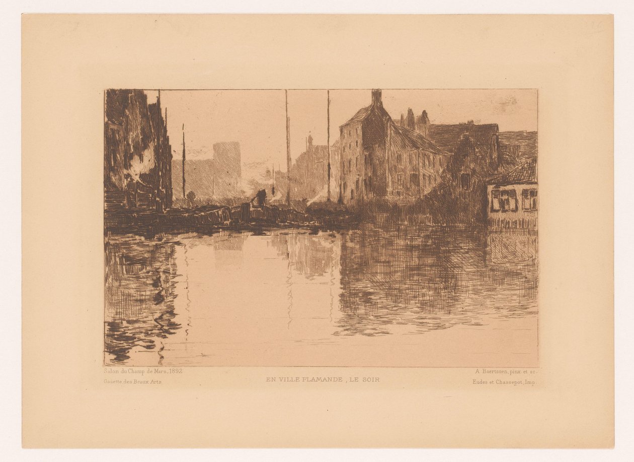 Satamanäkymä Flanderissa En ville Flamande, le soir (otsikko esineessä) tekijältä Albert Baertsoen