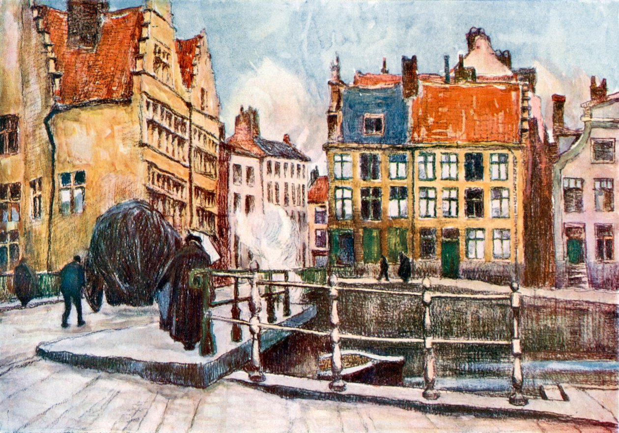 Pont aux Herbes, Gent (värilitografia) tekijältä Albert Baertsoen
