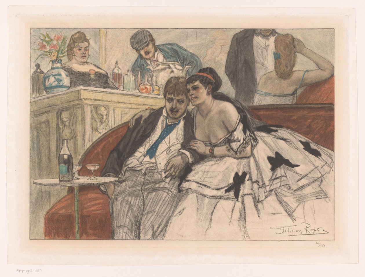 Mies ja nainen istuvat punaisella sohvalla teatterin baarissa Le gandin ivre tekijältä Albert Bertrand (attributed to)