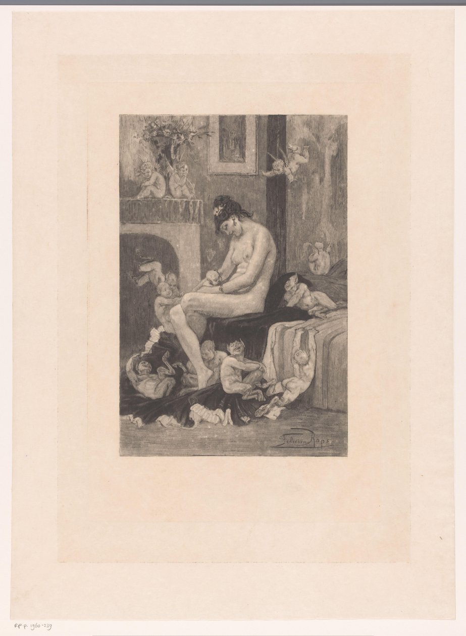 Alaston nainen sängyn reunalla demonien ympäröimänä leikkimässä La mere aux Satyrions tekijältä Albert Bertrand (attributed to)