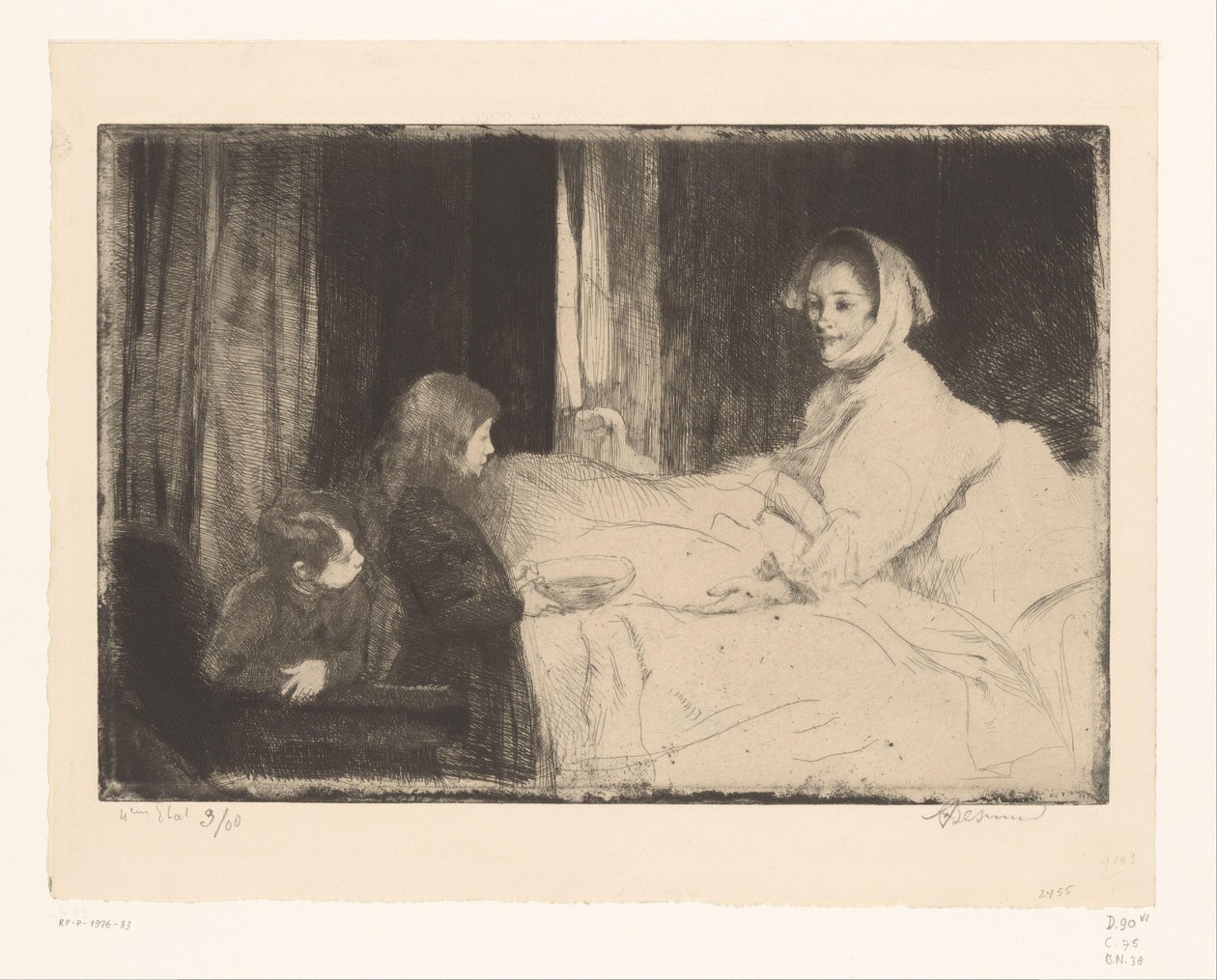 Lapset äitinsä sängyssä tekijältä Albert Besnard (signed by artist)