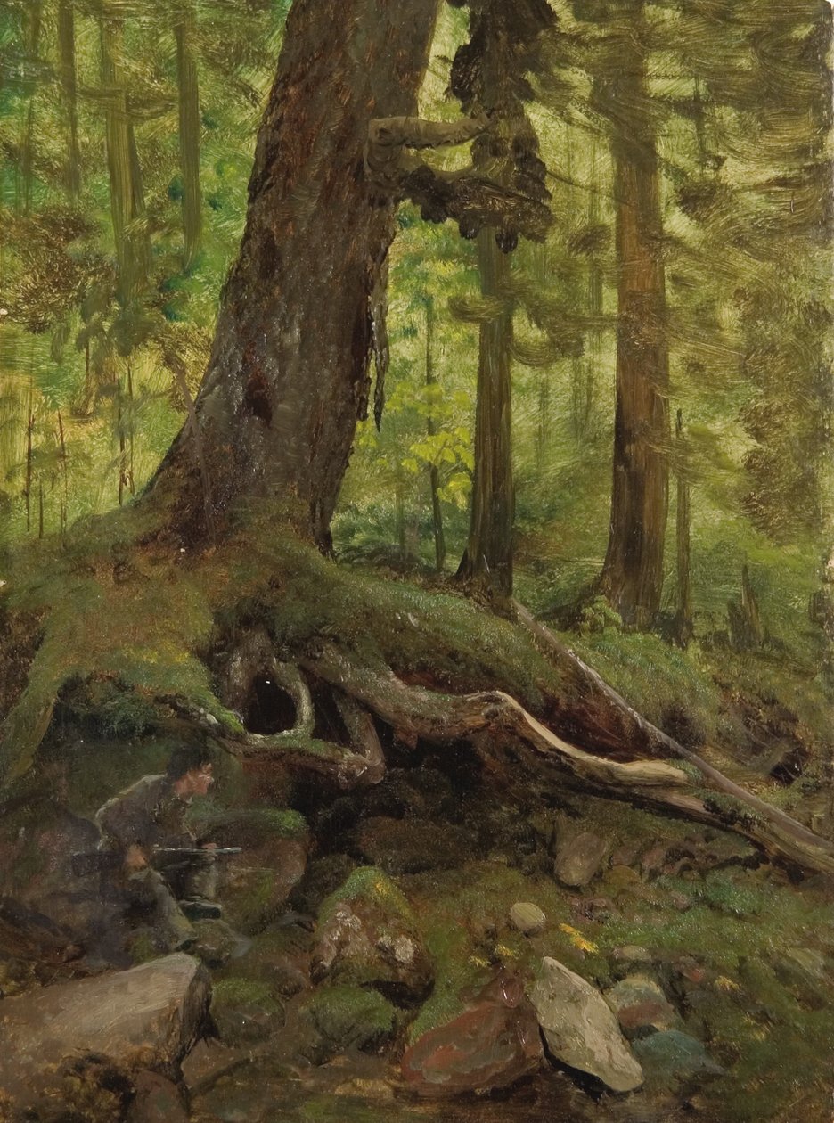 Metsästäjä Valkoisilla vuorilla Glen Housen lähellä (yksityiskohta) tekijältä Albert Bierstadt