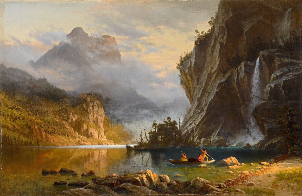 Intiaanien keihäskalastus tekijältä Albert Bierstadt
