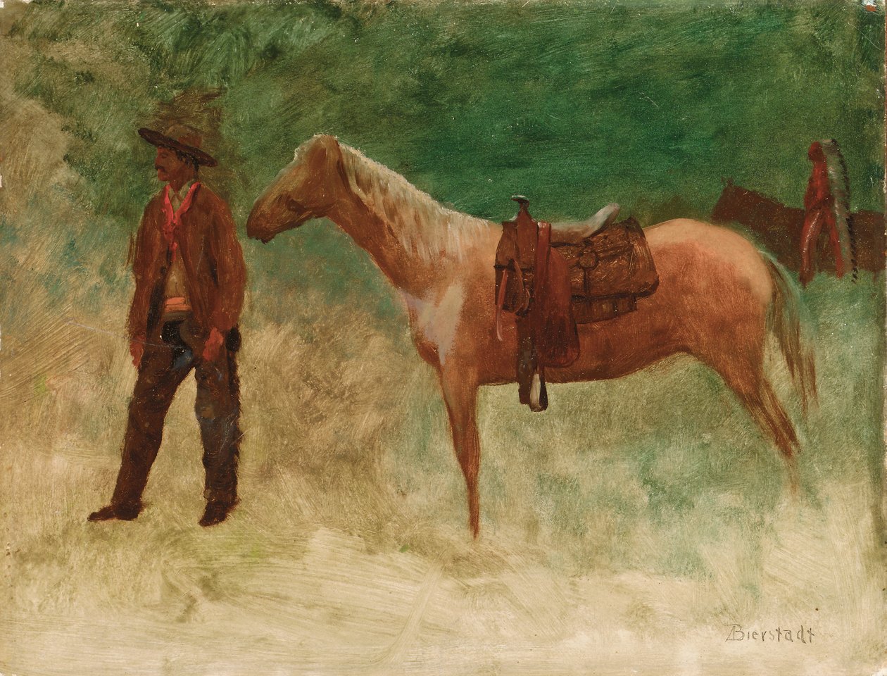 Seisova cowboy hevosen kanssa tekijältä Albert Bierstadt