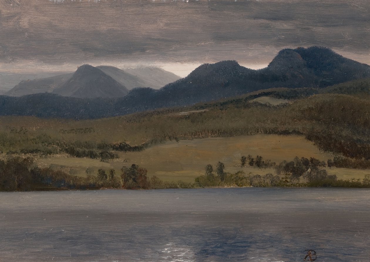 Auringonlasku järven rannalla (luultavasti Tahoe-järvi) tekijältä Albert Bierstadt