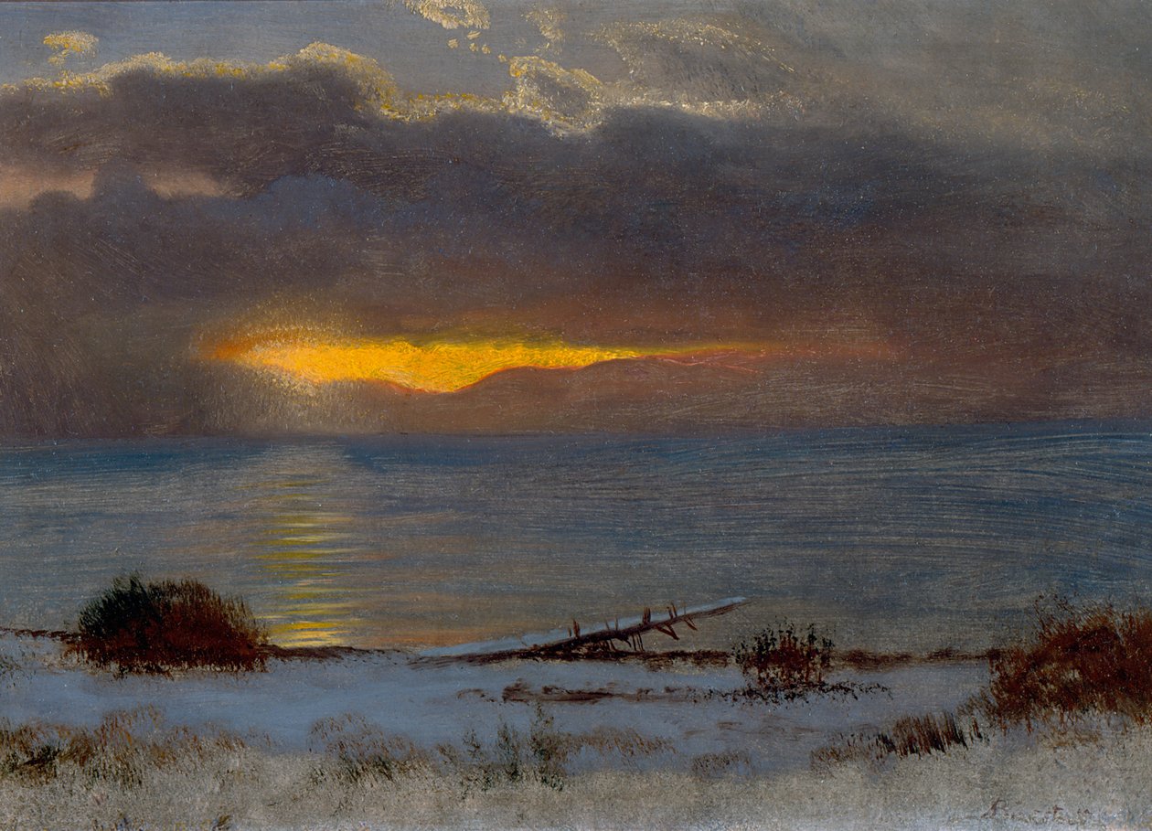 Auringonnousu Tahoe-järvellä, Kalifornia, 1872 (öljy paperille). tekijältä Albert Bierstadt