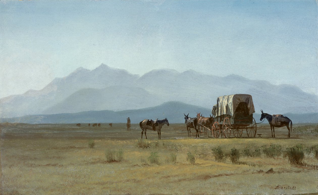 Maanmittarin vaunu Kalliovuorilla, noin 1859 (öljy paperille, kiinnitetty masoniittiin). tekijältä Albert Bierstadt