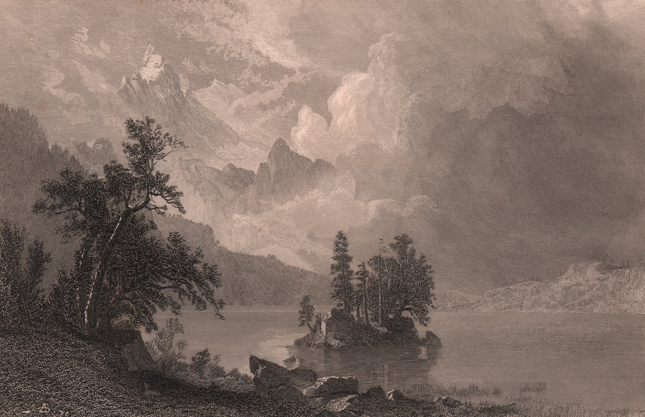 Näkymä Esther-järvelle, Sierra Nevada, Kalifornia, Yhdysvallat, teräskaiverrus Robert Hinshelwoodin (1812-1875 jälkeen) Albert Bierstadtin (1830-1902) maalauksen jälkeen, noin 19x14 cm tekijältä Albert Bierstadt