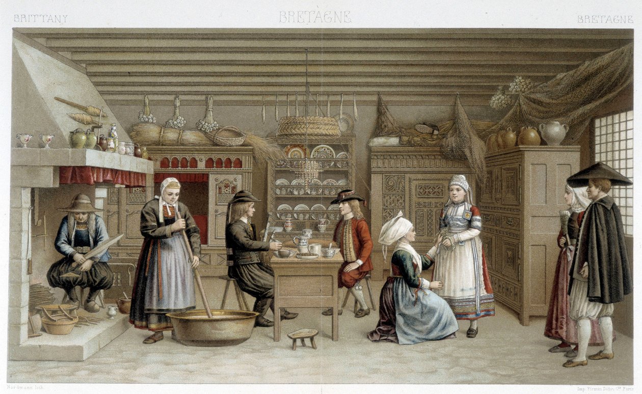 1800-luvun bretonilaiset puvut ja sisustus - Racinetin teoksessa "Le costume ancien et historique" tekijältä Albert Charles August Racinet