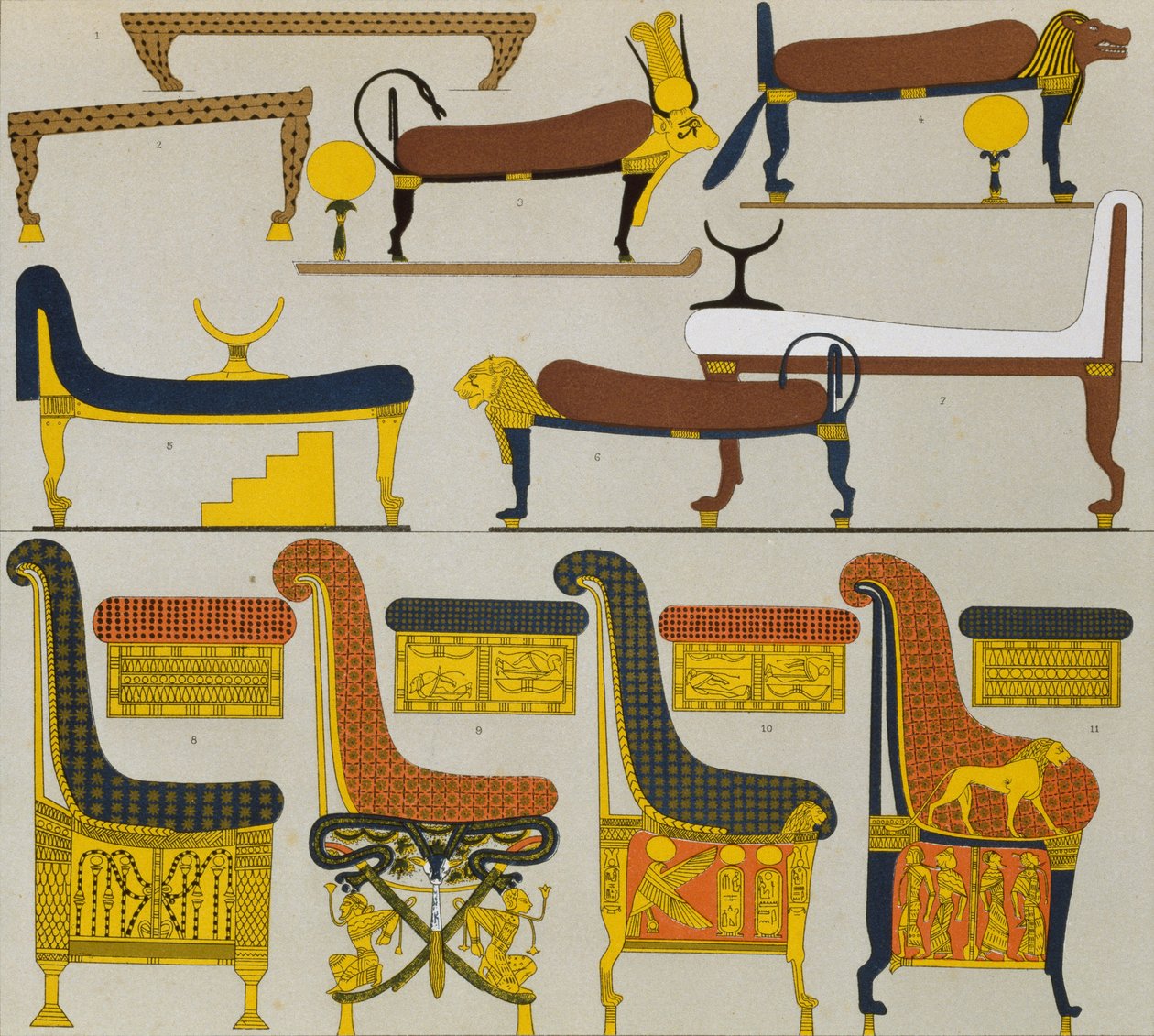 Muinaiset egyptiläiset huonekalut, Spiegelin litografia, Le Costume Historique (Historia of Costumes), Vol II, kirjoittanut Auguste Racinet tekijältä Albert Charles August Racinet